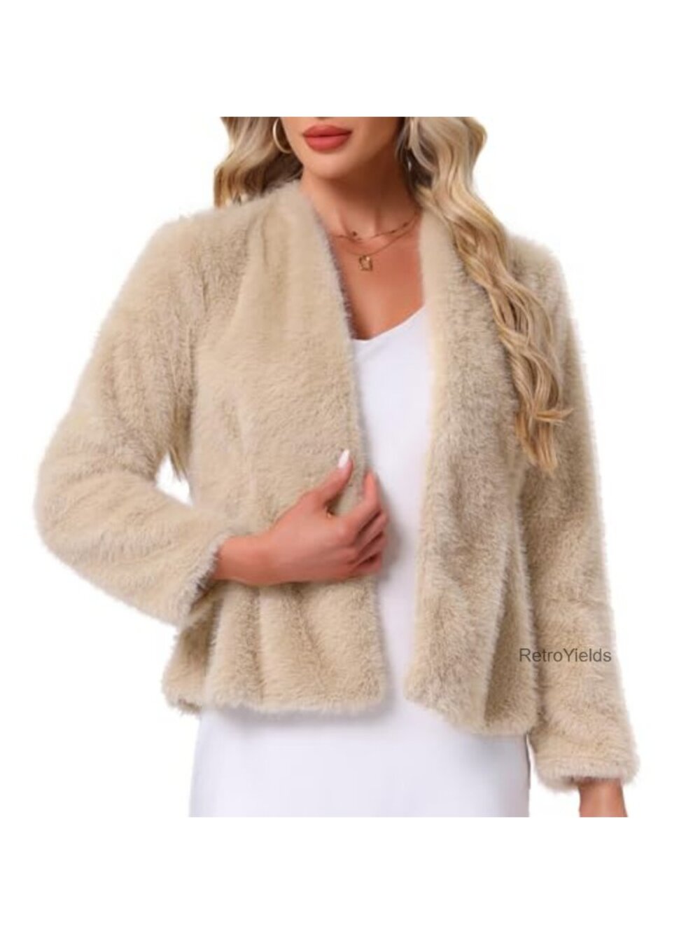 Faux Fur Coat Collarless Open Front Fluffy Jacket for Evening Party